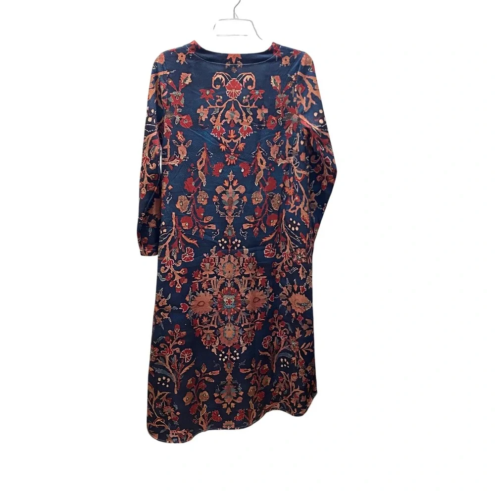 Navy Blue Floral‎ Damask V-Neck Long Sleeve Midi Dress Small Boho Modest
